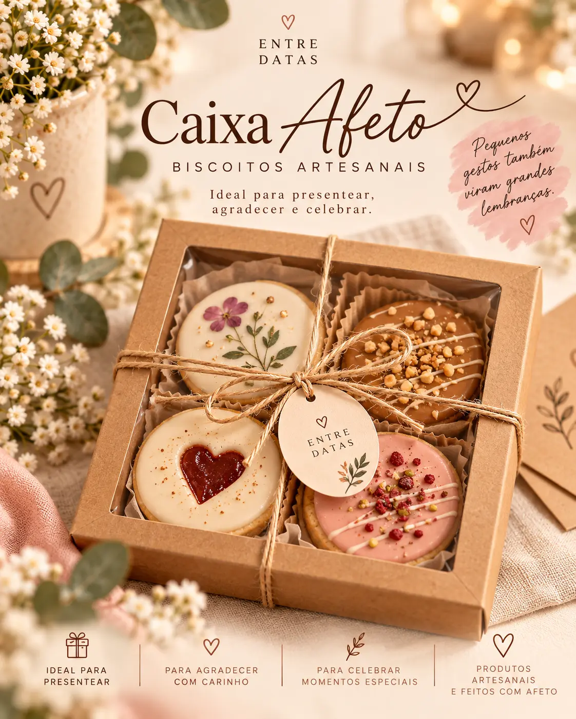 Caixa de kraft com janela, quatro biscoitos decorados e tag da Entre Datas